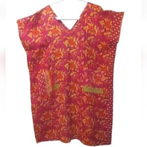 Kantha Patchwork Kimono Tunic Poncho Top Colorful Patch Pockets Woman One Sz #D